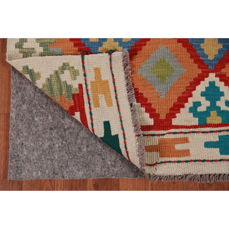 Geometric Kilim Oriental Runner Rug Hand-Woven Wool Carpet - 2'7" x 16'2"