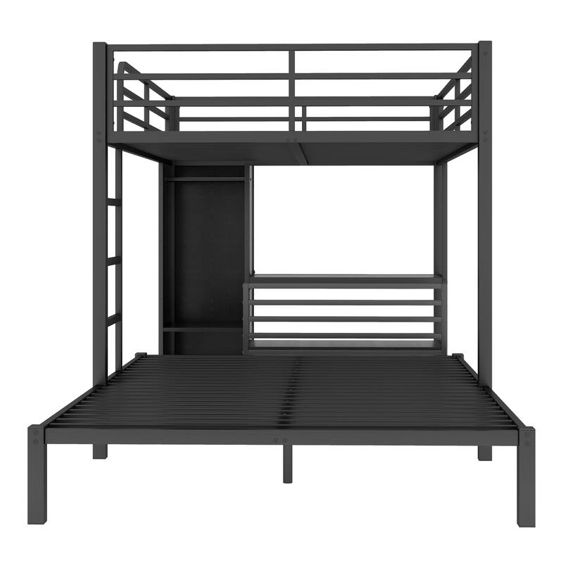 Queen Size Metal Bunk Bed with Wardrobe, Desk & Storage Chairs, Space-saving Design