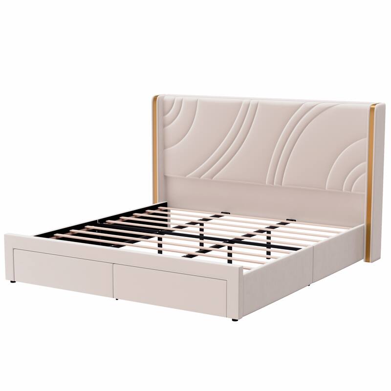 Upholstered LED Bed Frame with Storage Drawers, Velvet Platform Bed with Wingback Headboard, RGB Light