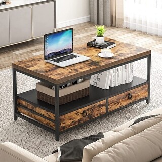 Industrial 40 inch Coffee Table with 2 Drawer and Open Shelf for Living ...