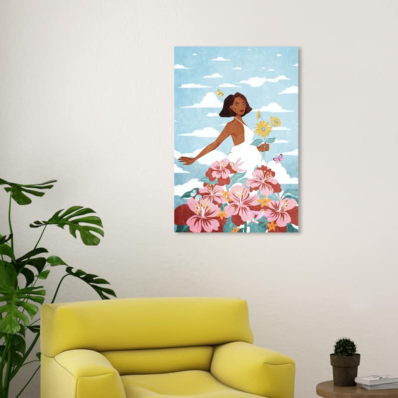 Wynwood Studio Canvas Fashion and Glam Dance with the Flowers White and Light Blue Tropical Wall Art Canvas Print - 30 x 20