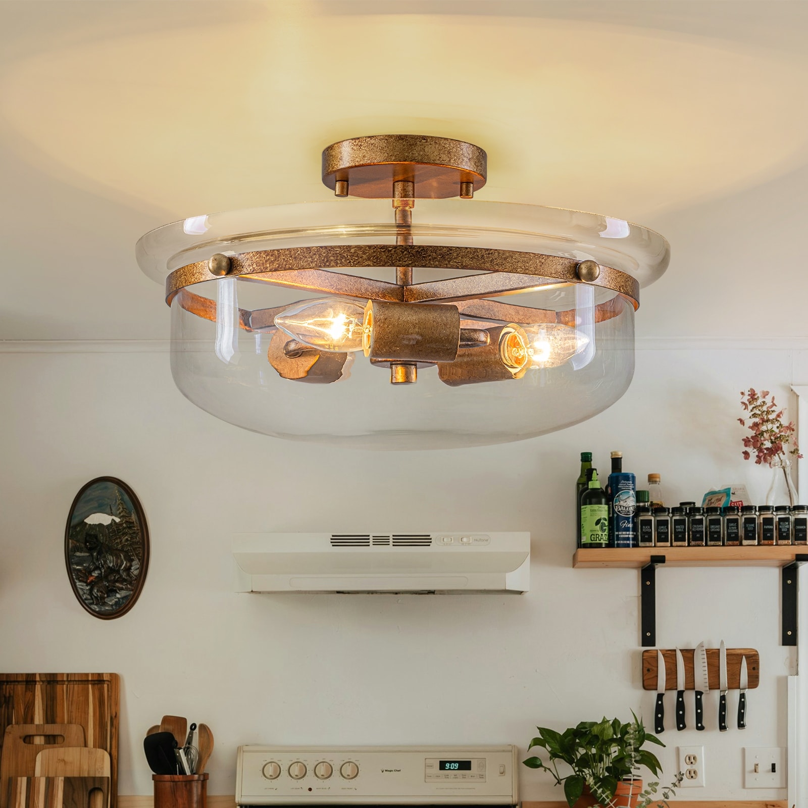 3-Lights 15" Indoor Flush Mount Ceiling Light with Clear Glass Shade - 15“