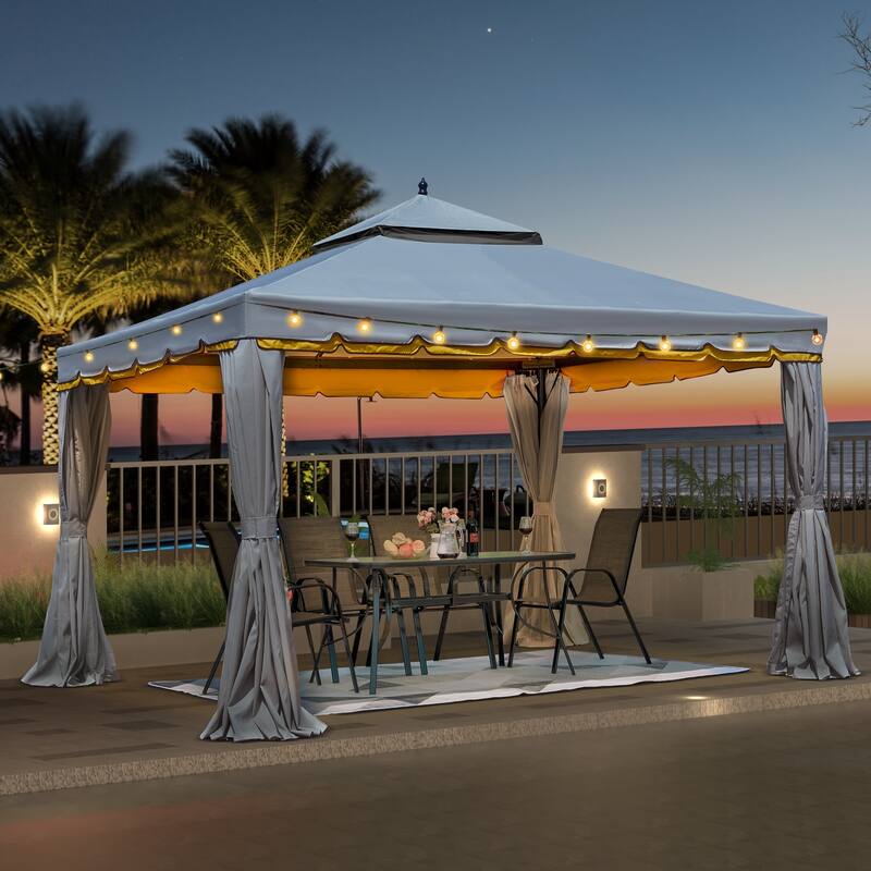 EROMMY Outdoor Canopy Gazebo Double Roof Patio Gazebo with Soft Top, includes Curtains