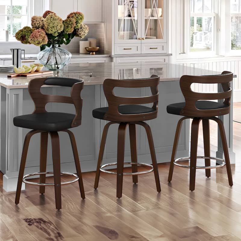 LUE BONA 26"H Modern Walnut Swivel Counter Height Stools, Bar Stools with Backs Set of 3 - 26" H
