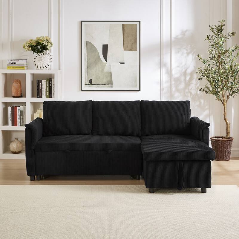 Corduroy L-Shape Sofa Convertible Sofa with Pull Out Sleep Bed