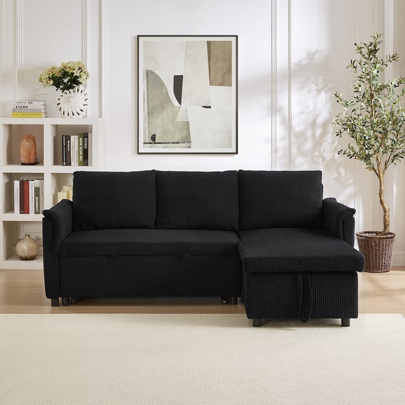 Modern 2-Seater Sofa L-Shaped Sleeper Sofa with 2 Pillows Storage Chaise and Adjustable Backrest, for Living Room, Black