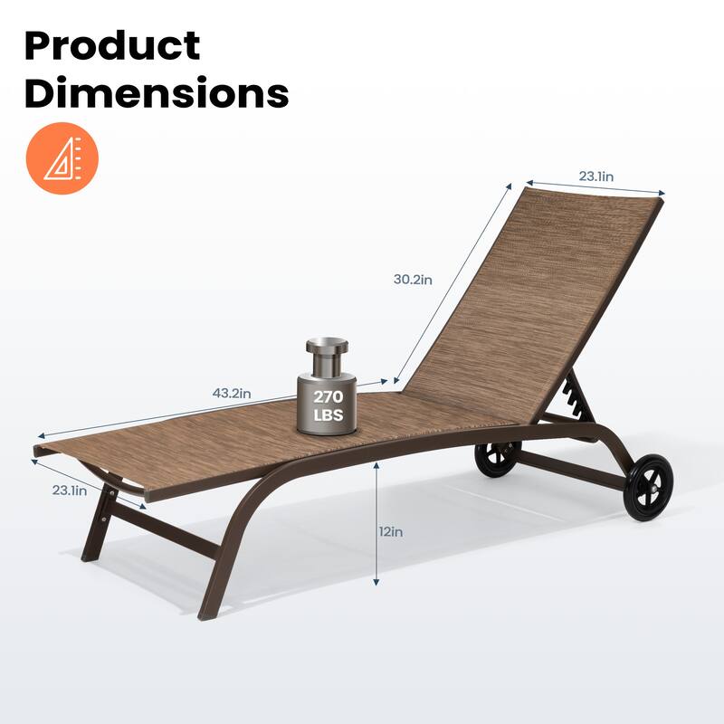 VredHom Outdoor Adjustable Chaise Lounge Chairs with Wheels - 43.2 in D * 12 in H * 21.9 in W