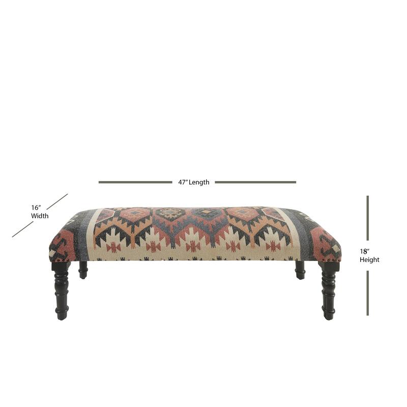 HomeRoots 47" Beige Brown and Rust and Black Jute and Wool Blend Upholstered Southwest Distressed Bench - 47 x 18 x 16
