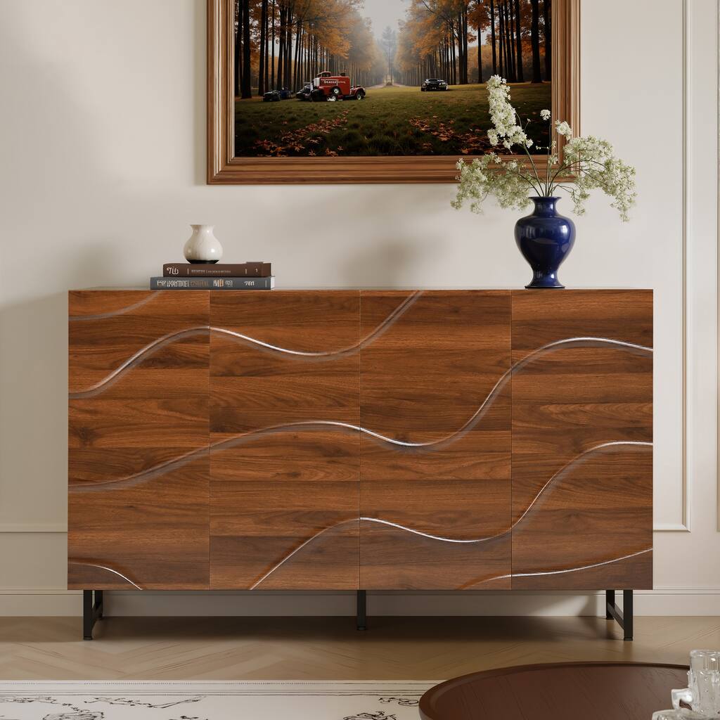 Modern Solid Wood Sideboard with Wave Relief Design, Large 4 Door Storage Cabinet Walnut Texture Buffet Sideboard