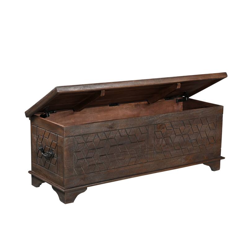 HomeRoots 52" Brown Solid Wood Geometric Storage Ottoman