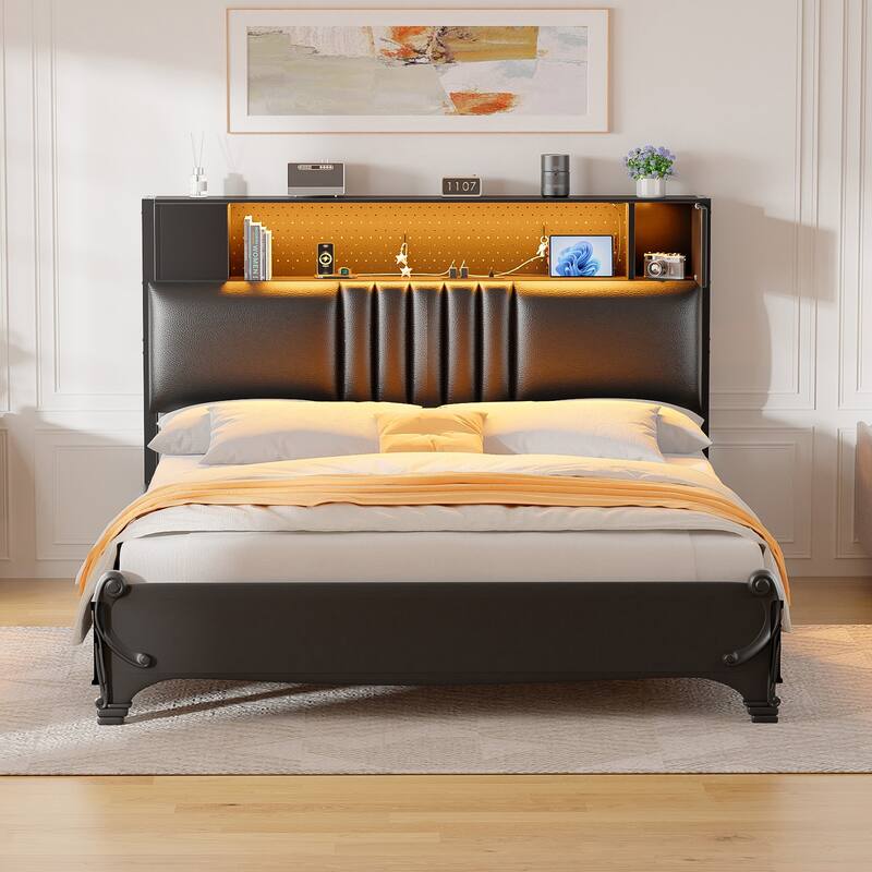 Upholstered Headboard with Storage Shelf and Small Cabinet, Headboard Power Outlet and LED Light - Black - Twin