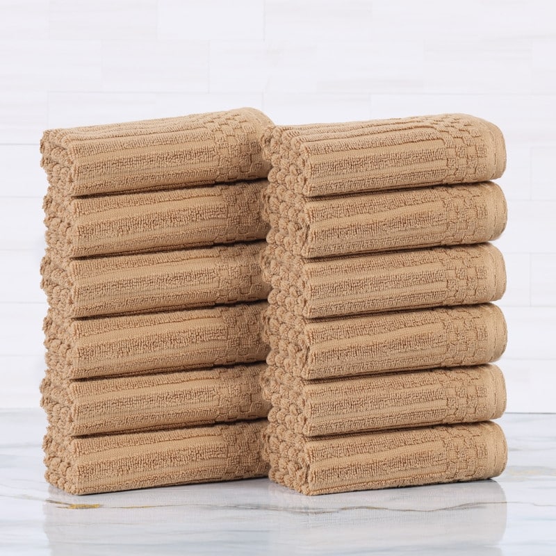 Superior Soho Ribbed Cotton Face Towel/Washcloth Set of 12 - Coffee