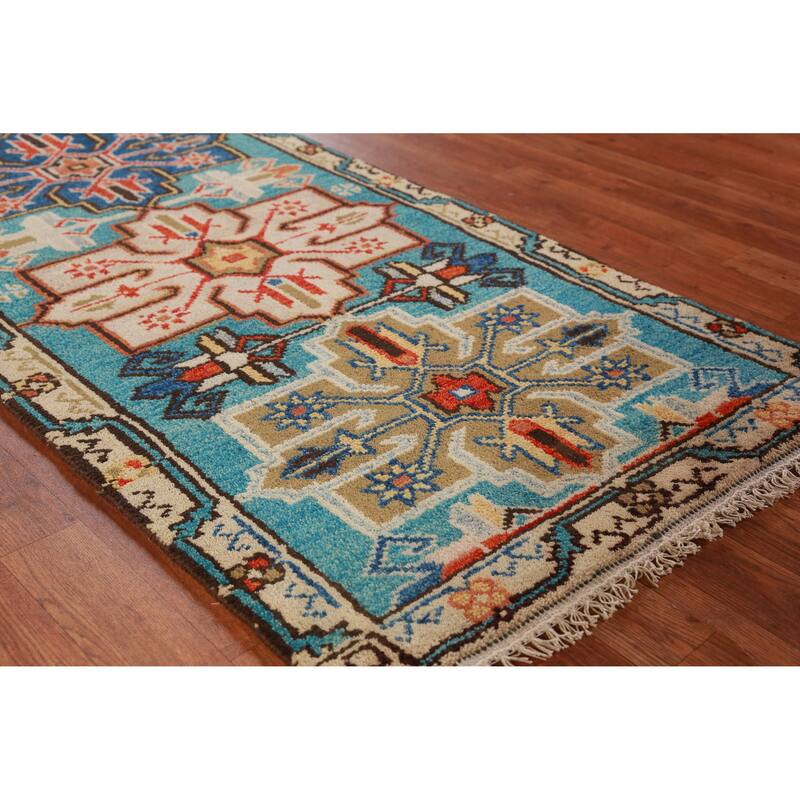 Hand Knotted Oriental 100% Wool Carpet Traditional Geometric Navy Blue & Blues Kazak Runner Rug - 8' 1'' X 2' 7''