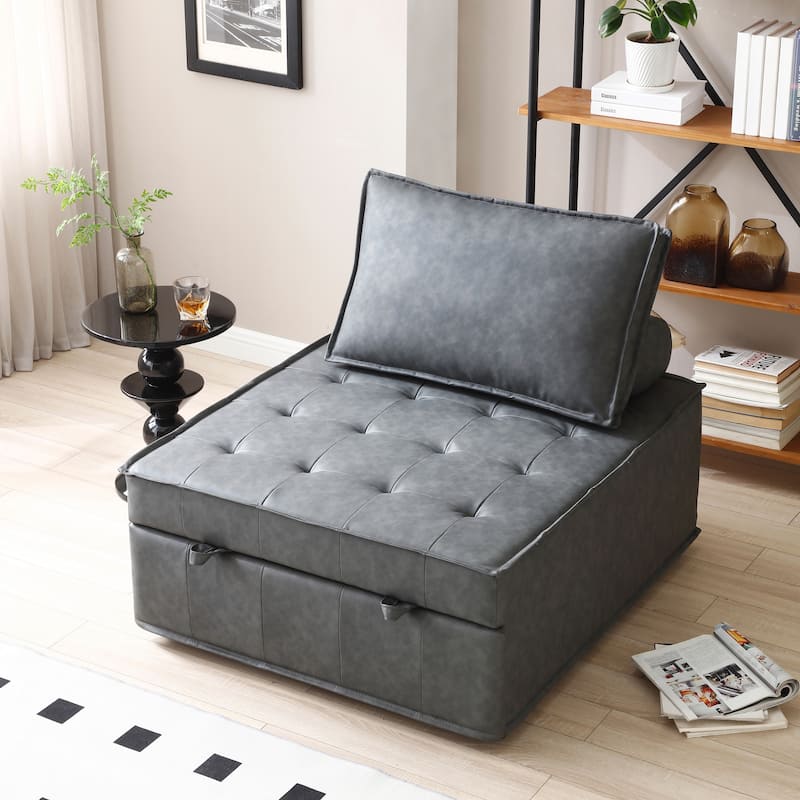 39" Faux Leather Single Multipurpose Ottoman Pull Out Sofa Bed with Adjustable Backrest and Pillow for Living Room