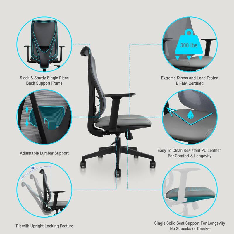 Ergonomic Office Desk Chair | High Back Mesh with Upholstered PU Leather Cushion Seat | Reclining Tilt Adjustable Lumbar Support