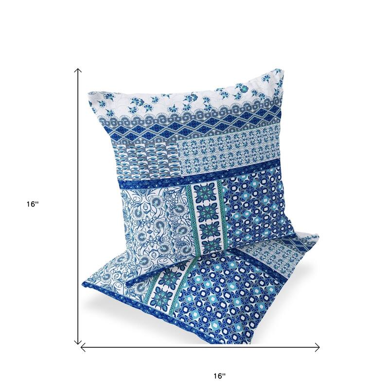 HomeRoots Set of Two 16" X 16" Blue and White Blown Seam Floral Indoor Outdoor Throw Pillow - 16.00' X '16.00' X '5.00