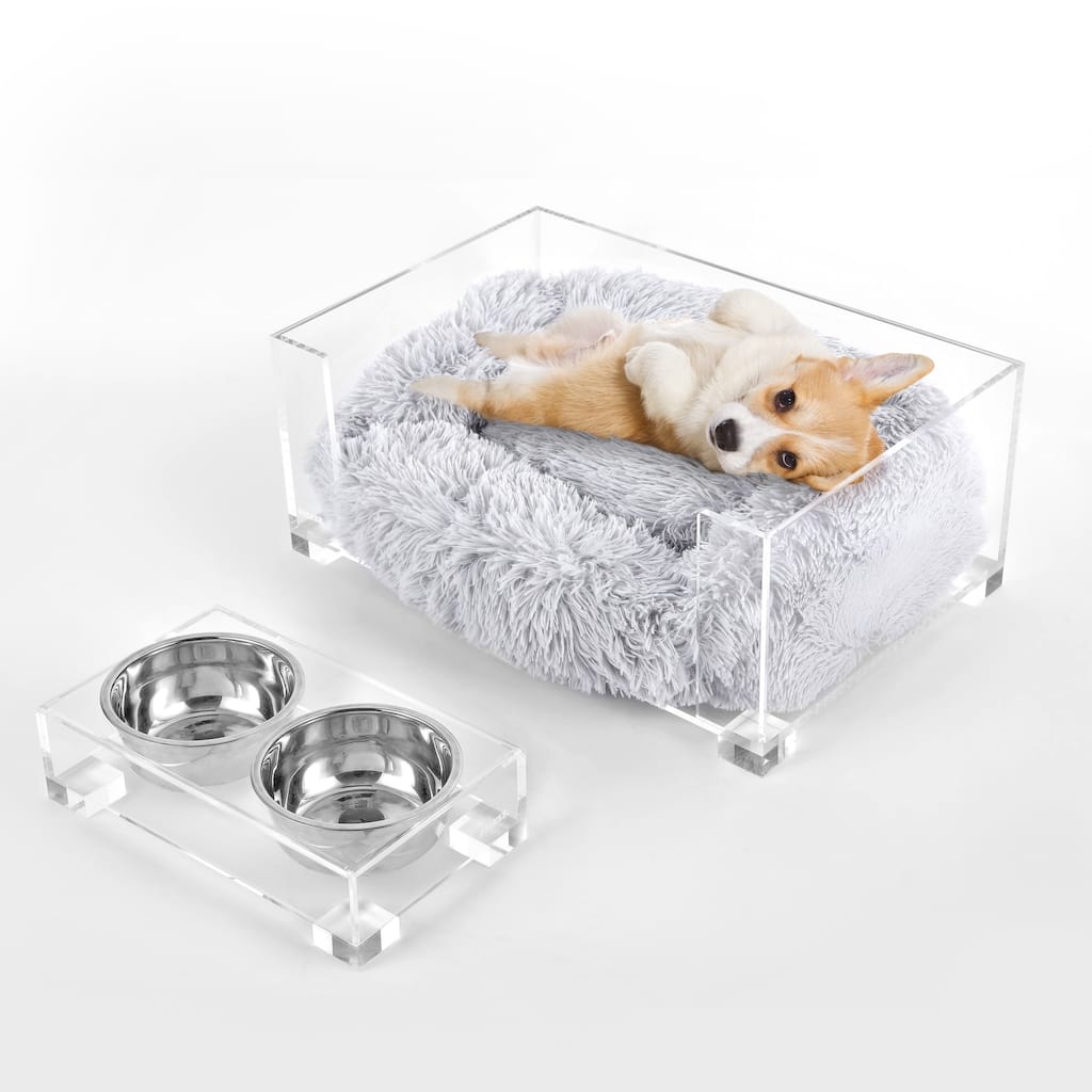 Billie 24"x15.75" Fluffy Pet Bed with Washable Cushion and 4" Elevated Pet Feeder with 27 oz 2-Stainless Steel Bowls, Set of 2