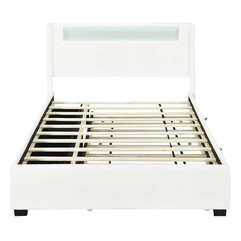 HomeRoots White Tufted Boucle Lighted Full Bed Frame With Trundle And USB And Drawers