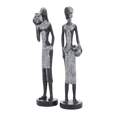 Polystone Woman Standing African Decorative Sculpture with Intricate Details - Set of 2 Black - Roche River Decor