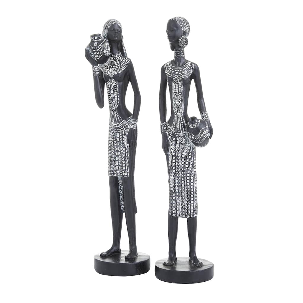 Polystone Woman Standing African Decorative Sculpture with Intricate Details - Set of 2 Black - Roche River Decor