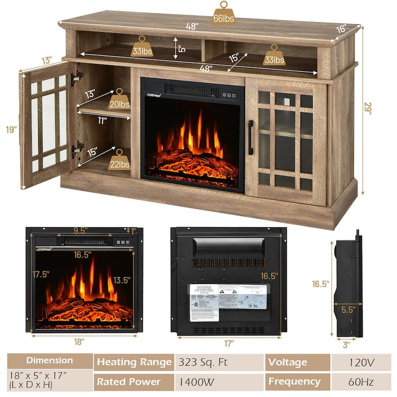 Gymax 48'' Fireplace TV Stand W/ 1400W Electric Fireplace for TVs up