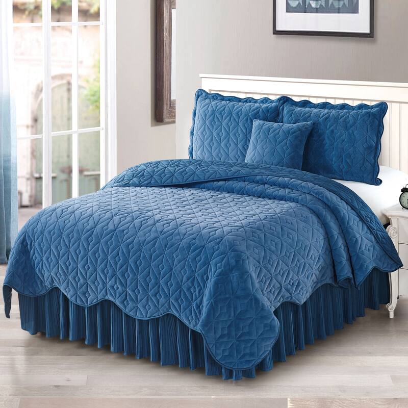 Serenta Diamond Flannel Quilted 4-piece Coverlet Set - Blue - Queen