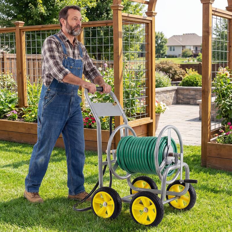 Gymax Garden Hose Reel Cart 4 Wheels 330 ft 5/8'' Large Capacity for