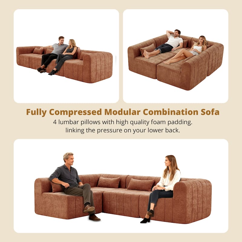 Christopher Knight Home - Modular Polyester Upholstered Sectional Sofa with 4-Piece Compressed Sponge - 145.5"