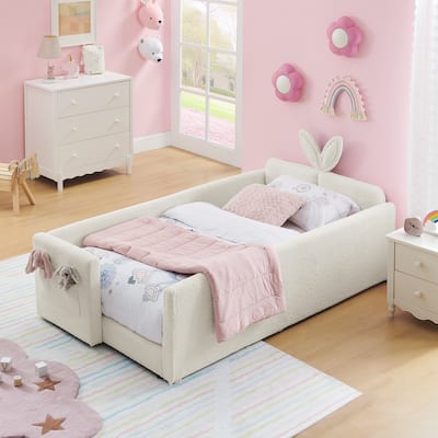 Cute Twin Size Platform Bed with Rabbit Ear Shaped Headboard, Safety Guardrails and Pockets, Boucle Fabric Upholstered Bed