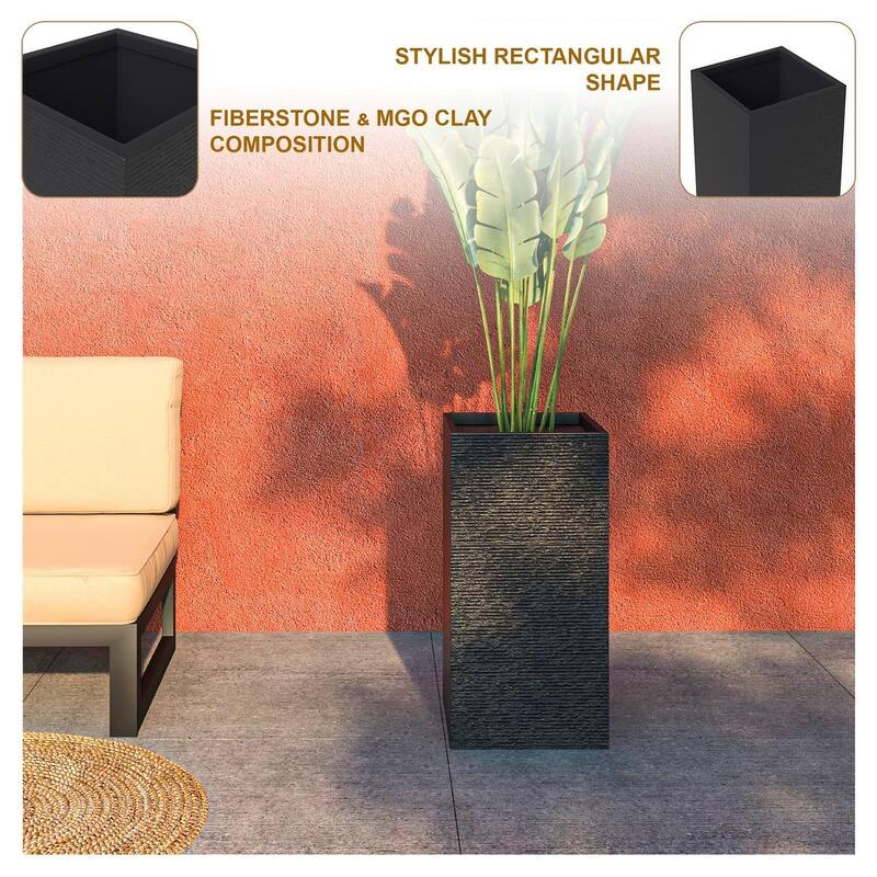 Basalt Modern Tall Square MGO Fiberstone Planter with Drainage, Weather-Resistant Indoor & Outdoor Patio Pot