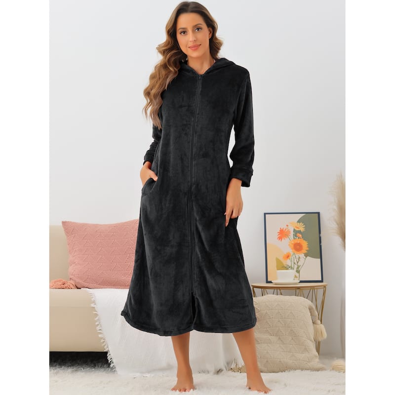 Womens Flannel Robe Fluffy Plush Long Zip Front Bathrobe with Pockets Warm Soft Zippered Bathrobes - Black - XXL