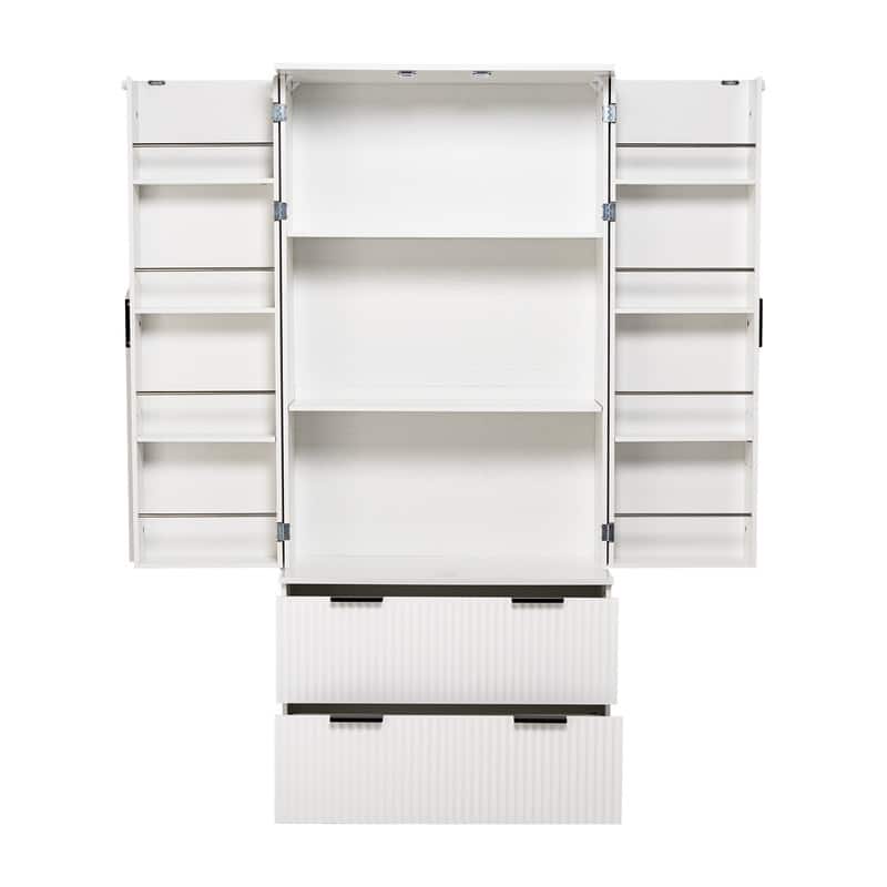 Farmhouse Pantry Cabinet with 2 Drawers & 8-Door Spice Rack – Freestanding Storage for Kitchen, Dining Room, or Office.
