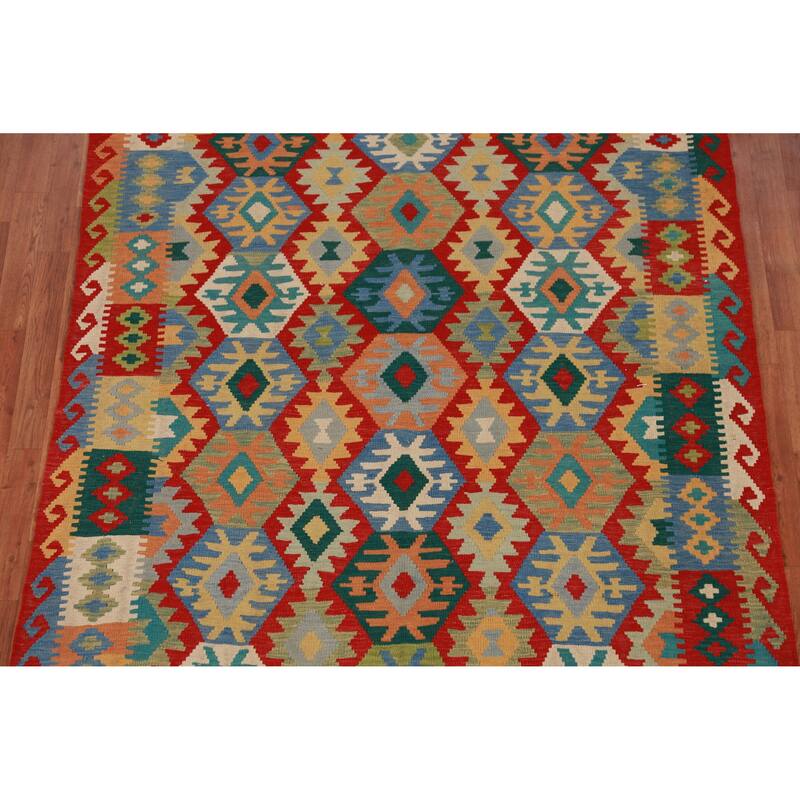 Hand Woven Oriental 100% Wool Carpet Southwestern Geometric Multi-Colored Kilim Area Rug - 8' 5'' X 5' 10''