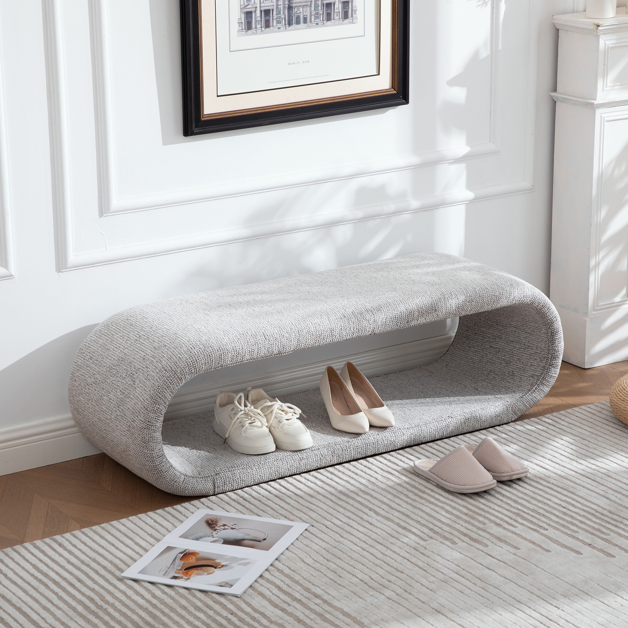 52.17"W Chenille Upholstered Bench for Bedroom End of Bed,Modern Shoe Bench for Entryway,Equipped With An Iron Frame