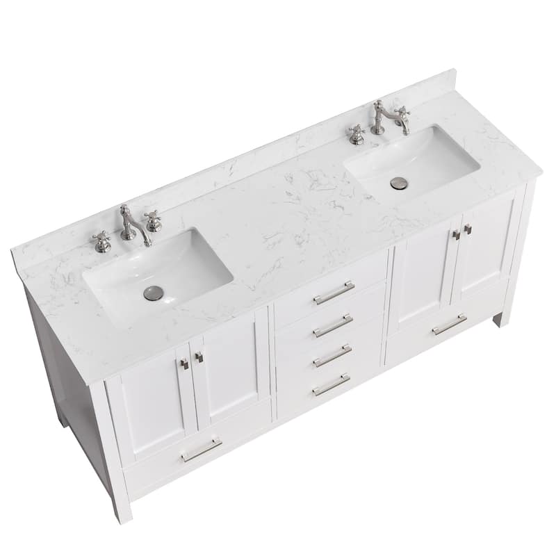 Nephelily 72 inch Transitional White Bathroom Vanity with Top - Cultured Marble Top Carrara White
