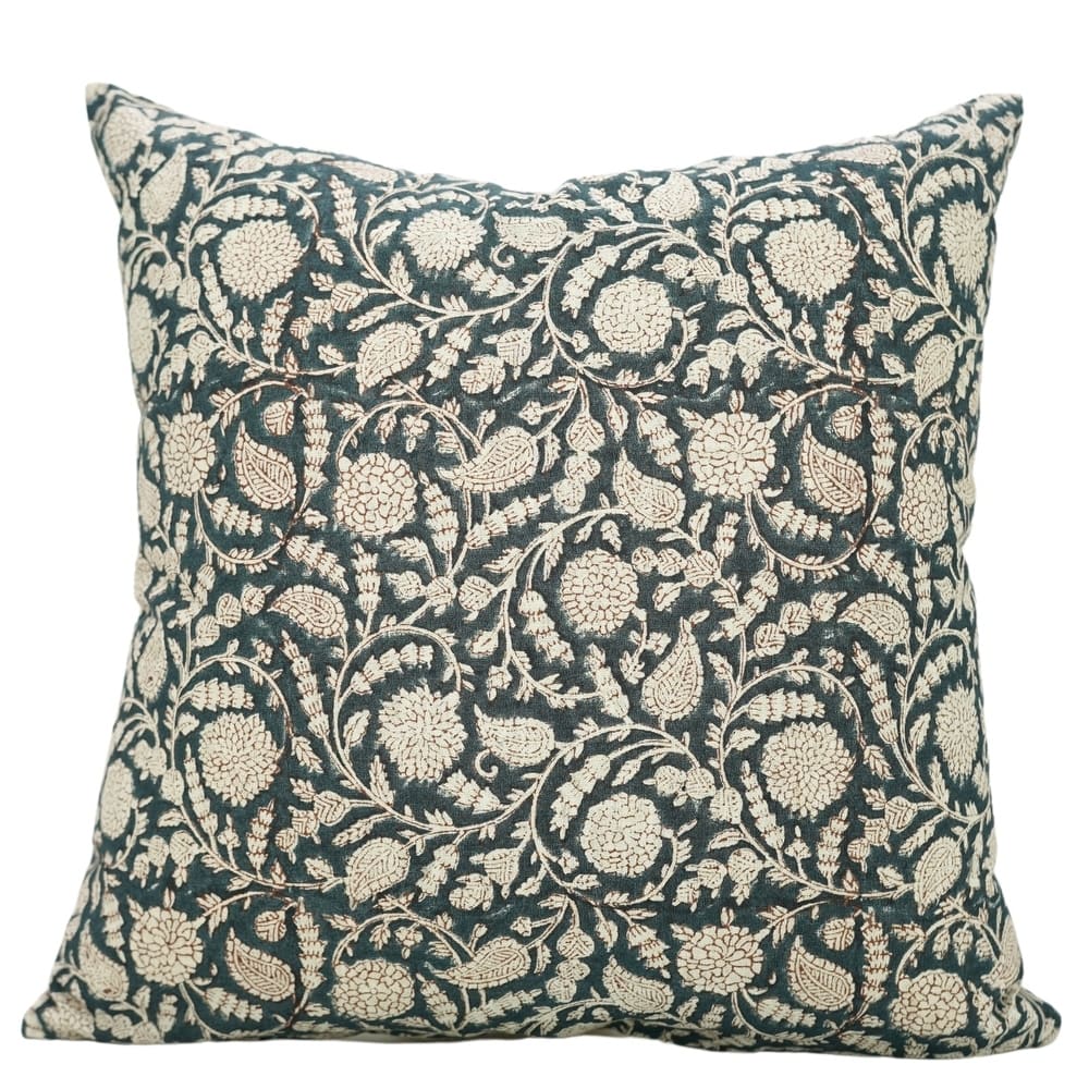Fabdivine Handmade Dark Blue Block Print Cushion Cover Floral Linen for Living Room Sofa Chair Hotel, Home Decoration, Gopi