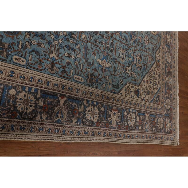 Light Blue Distressed Tabriz Persian Vintage Rug Handmade Wool Carpet - 9'7" x 12'3"