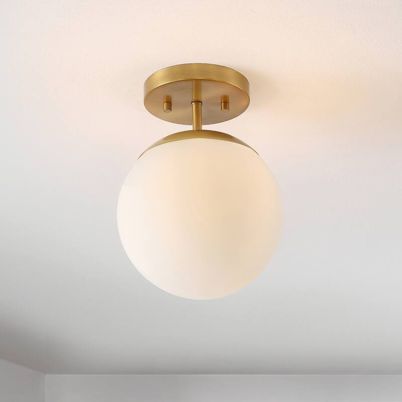 Galax Bistro 7.75" 1-Light Bohemian Farmhouse Iron/Frosted Glass LED Semi Flush Mount, Brass Gold/White by JONATHAN Y