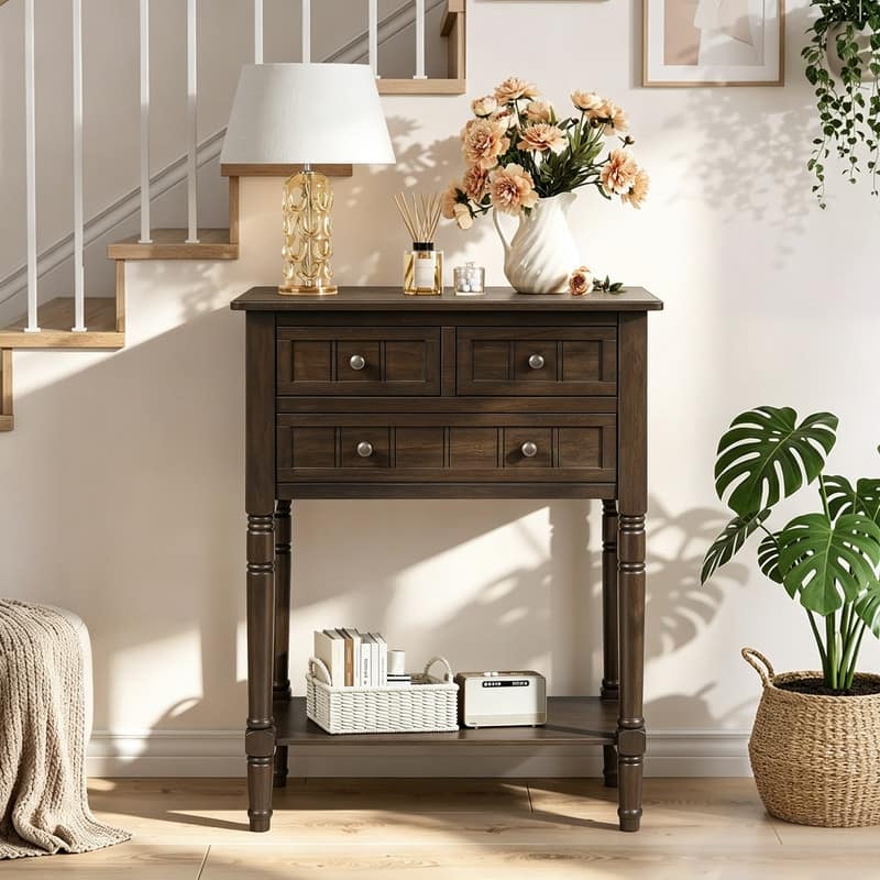 Narrow Console Table with Three Storage Drawers and Bottom Shelf