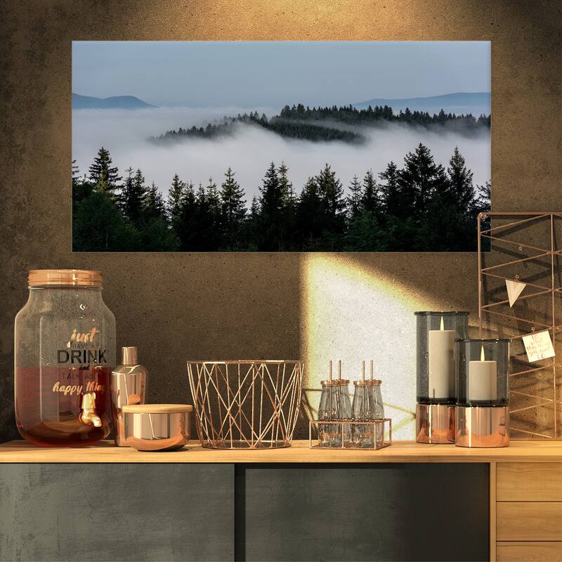 Dark Trees and Fog Over Mountains - Landscape Art Print Canvas - 32 in. wide x 16 in. high
