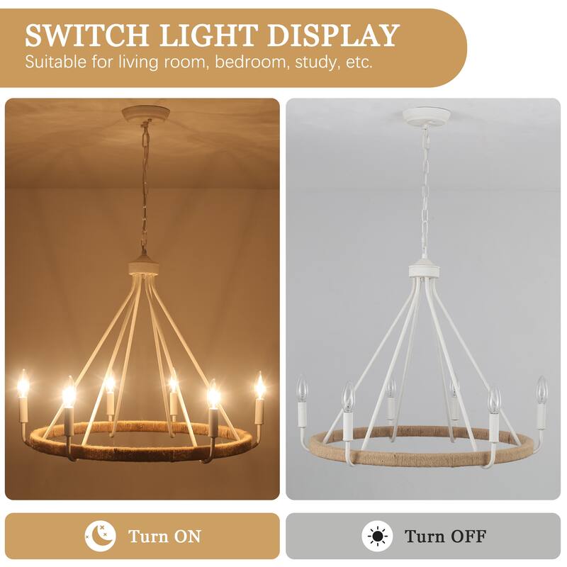 6-Light Candlestick Wagon Wheel Chandelier Hemp Rope Linear Chandelier Lighting Fixture for Kitchen Island