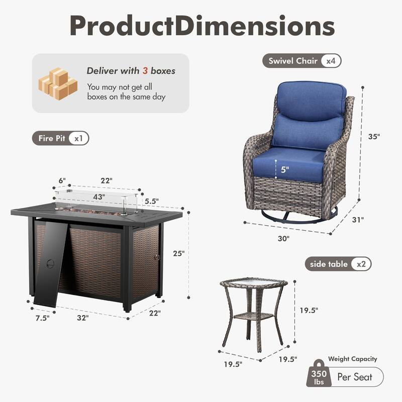 Meyreso 7-Piece Outdoor Patio Wicker Fire Pit 4 person Conversation Set with 5-Inch Thick Cushions