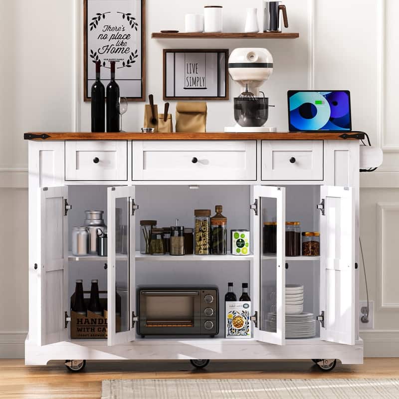 Farmhouse 53" Rolling Kitchen Cart on Wheels with Drop Leaf and Built-in Power Outlet