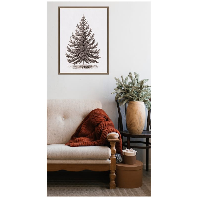 Kate and Laurel Sylvie Framed Canvas Vintage Evergreen Fir Tree lllustration I by The Creative Bunch Studio