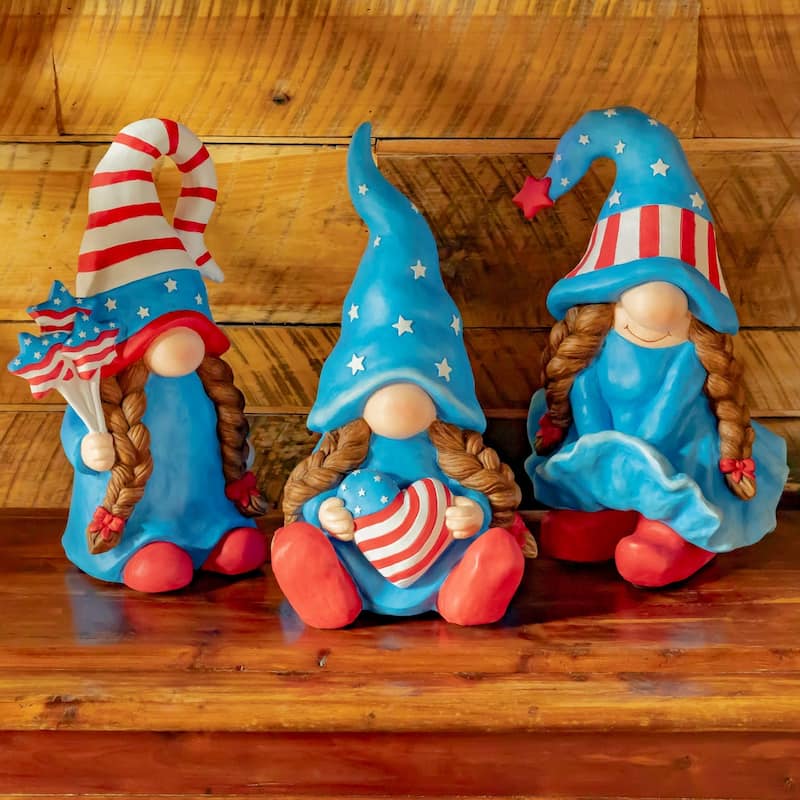 Magnesium Garden Gnome Girl Holding American Flag Stars