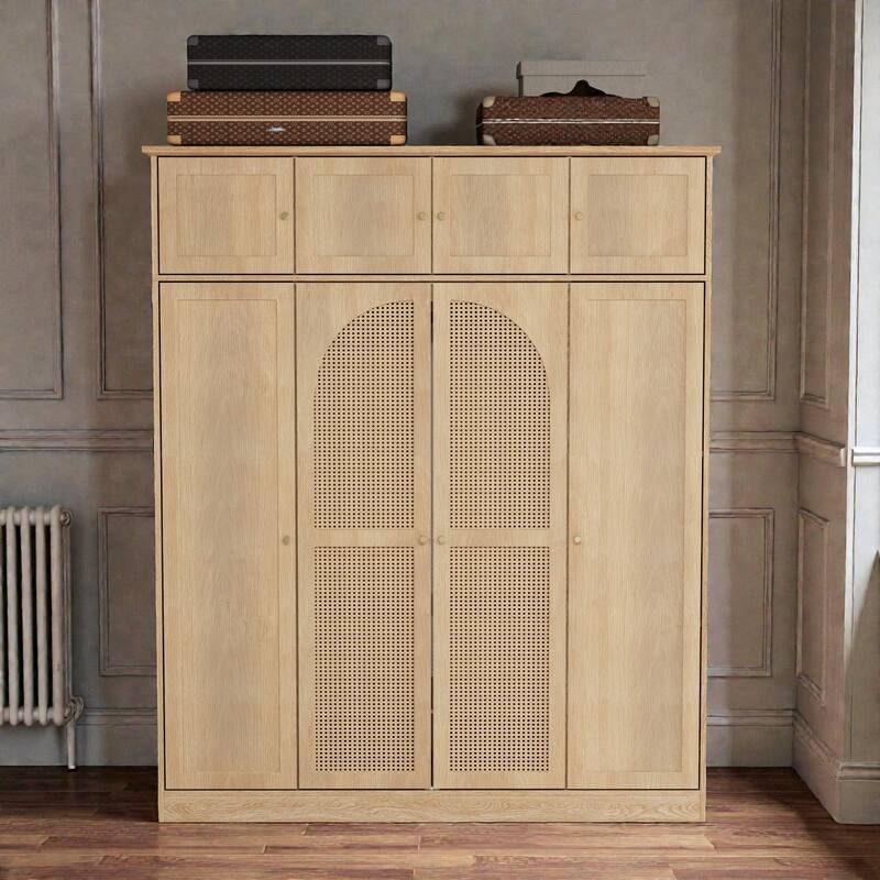 Tall 8 Door Armoire Wardrobe Closet with Hanging Rod and Adjustable Shelves, Rattan Door Storage Cabinet - Natural