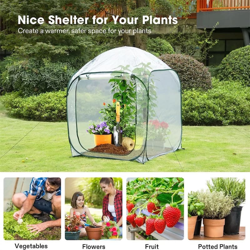 Portable Pop-Up Greenhouse with Clear PE Cover and Fiberglass Frame for Outdoor and Indoor Plant Growth - 49"L x 49"W x 63"H