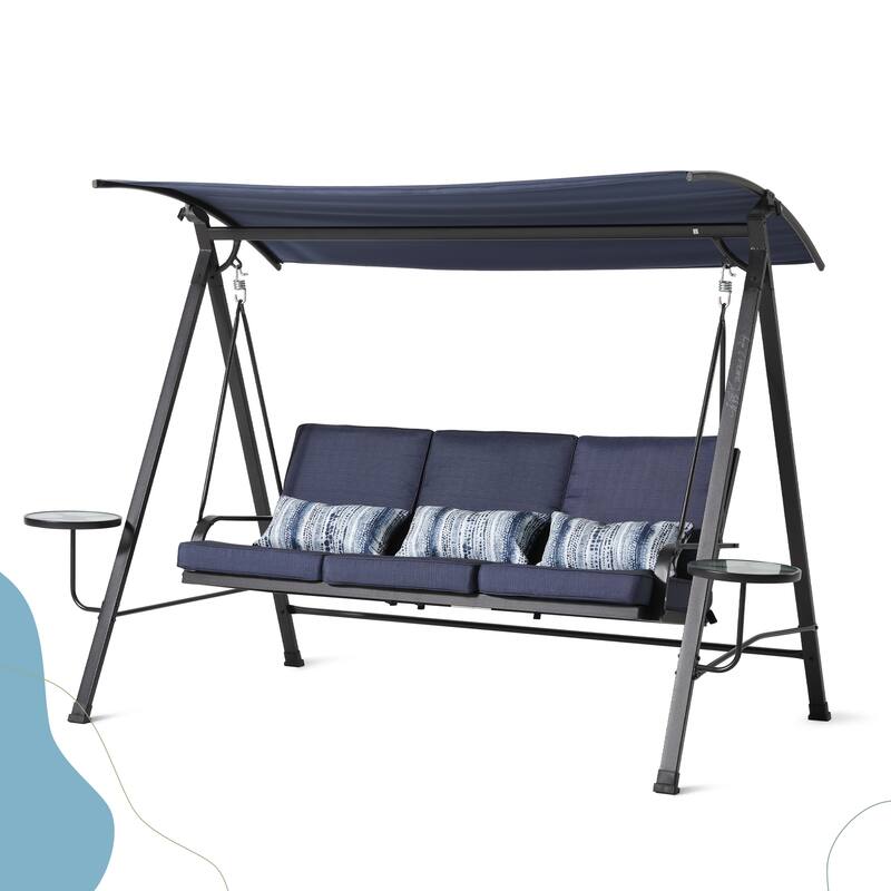 Steel 3-Seater Porch Swing with Canopy - Outdoor Patio Swing with Cushions and Rotatable Shade