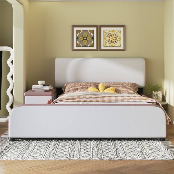slide 2 of 11, Full Size Upholstered Platform Bed with Storage Nightstand & Guardrail Pink