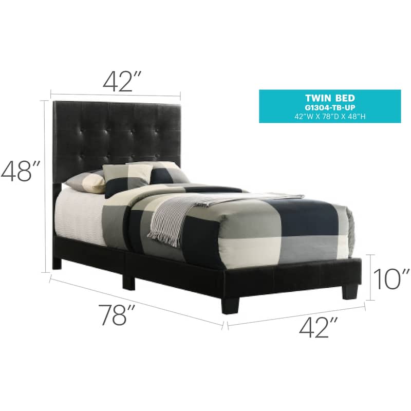 Twin Bed with Tufted Headboard & Slats - HomeStock Black Metal Frame (42"x77"x48")